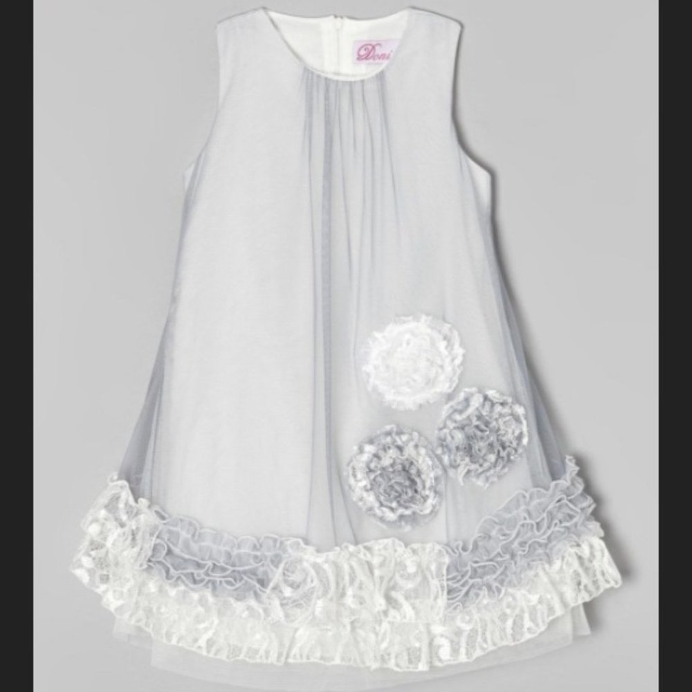 Girls Grey Lace, Tulle Ruffle A-Line Dress